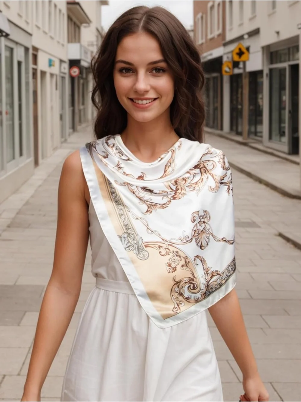 Silky Cream & Gold Printed Head Scarf